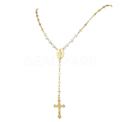 Round White Shell Pearl & Brass Rosary Bead Necklaces NJEW-JN05836-1