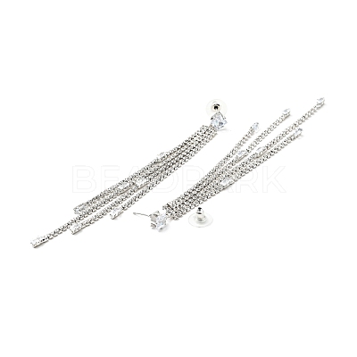 Clear Cubic Zirconia & Crystal Rhinestone Long Tassel Dangle Stud Earrings EJEW-C037-07B-P-1