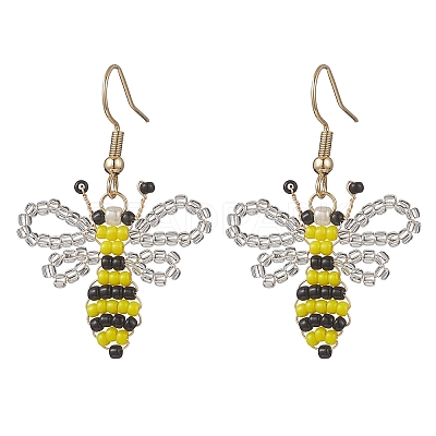 Bees Glass Seed Beads Woven Dangle Earrings EJEW-MZ00681-1