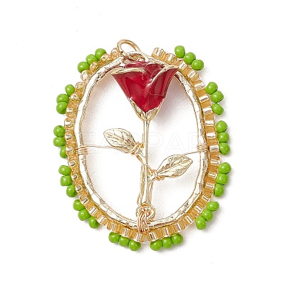 3Pcs Glass Seed Beaded Oval with Rose Pendants PALLOY-MZ00579-1