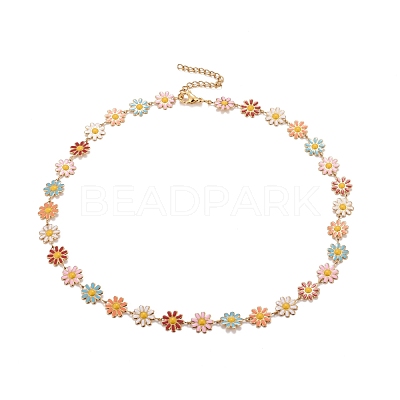 Enamel Daisy Link Chain Necklace NJEW-P220-01G-03-1