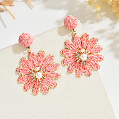 Flower Alloy Raffia Dangle Stud Earrings FS-WG63945-09-1