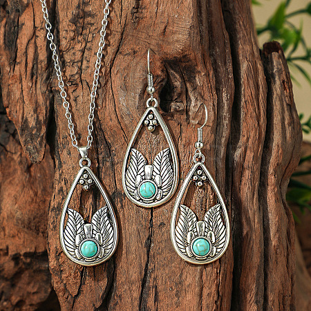 Bohemian Style Zinc Alloy & Synthetic Turquoise Pendant Necklaces & Dangle Earrings Sets WG40DB6-10-1