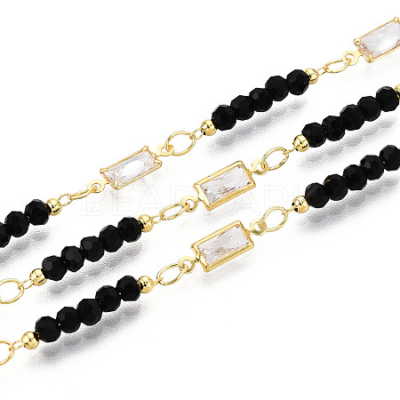 Brass Cubic Zirconia Rectangle Link Chains CHC-T018-19A-G-1
