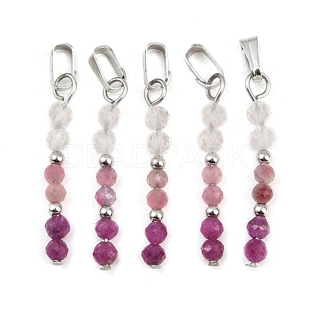 Faceted Round Natural Quartz Crystal & Ruby & Pink Tourmaline Beaded Pendants PALLOY-JF03529-09-1