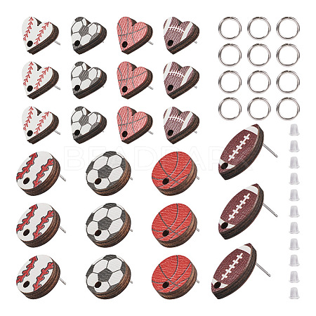 16Pcs 8 Style Baseball & Oval with Rugby & Heart Wood Stud Earring Findings WOOD-TA0001-95-1