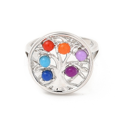 Colorful Resin Beaded Tree of Life Open Cuff Ring RJEW-G274-02P-1