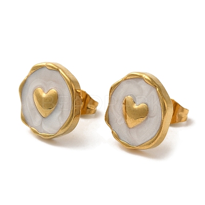 Ion Plating(IP) 304 Stainless Steel Flat Round with Heart Stud Earrings EJEW-C114-15G-02-1