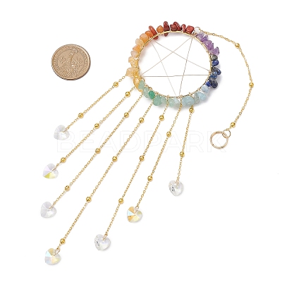 Wire Wrapped Chakra Natural Gemstone Chips Ring with Star Hanging Ornaments HJEW-JM02367-1
