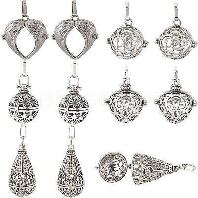 10Pcs 5 Styles Tibetan Style Brass Cage Pendants KK-SC0004-33-1