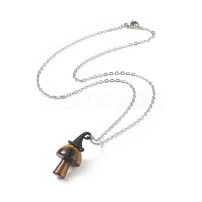 5Pcs 5 Style Natural Mixed Gemstone Mushroom with Witch Hat Pendant Necklaces Set NJEW-JN04198-1