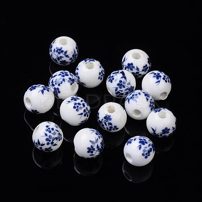 Round Flower Handmade Blue and White Ceramic Porcelain Beads X-PORC-Q201-10mm-4-1