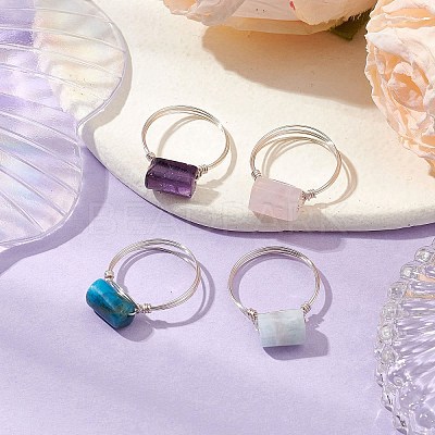4Pcs 4 Styles Column Natural Apatite & Aquamarine & Amethyst & Rose Quartz Finger Rings Sets RJEW-TA00149-1