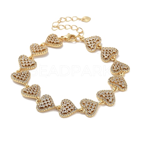 Rack Plating Brass Pave Clear Cubic Zirconia Heart Link Chain Bracelets for Women BJEW-R317-06G-1