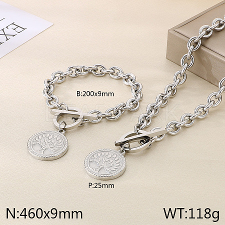 Flat Round with Tree of Life 304 Stainless Steel Pendant Necklaces & Charm Bracelets Sets FS-WG2A73C-05-1