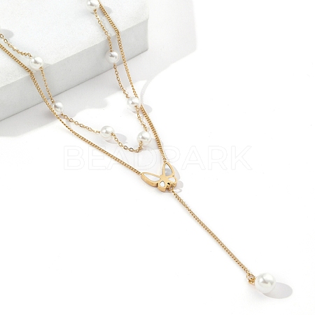 201 Stainless Steel Curb Chains Double Layer Necklaces with ABS Imitation Pearl Beaded NJEW-D055-13G-1