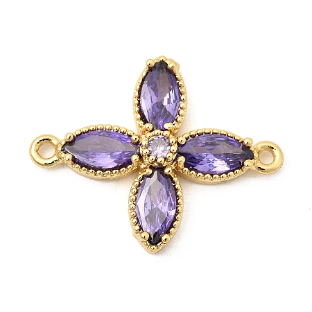 Brass Pave Cubic Zirconia 4-Petal Flower Connector Charms X-KK-A296-46A-G-1