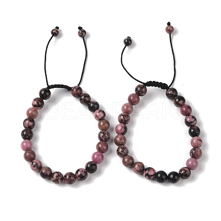 8mm Round Natural Rhodonite Braided Bead Bracelets BJEW-C067-01B-13-1