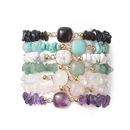 7Pcs 7 Style Natural & Synthetic Mixed Gemstone Square & Chips Beaded Stretch Bracelets Set for Women BJEW-JB09938-1
