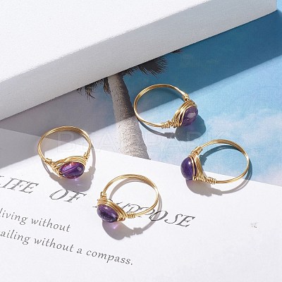Natural Amethyst Oval Finger Rings RJEW-JR00441-01-1