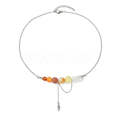 4Pcs 4 Styles Natural Mixed Stone Round Graduated Beaded Pendant 304 Stainless Steel Cable Chain Necklaces for Women NJEW-TA00242-1