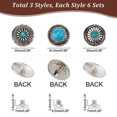 18Sets 3 Style Alloy Decorative Rivets BUTT-GA0001-01-1