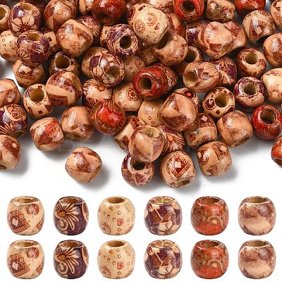 100Pcs Printed Wooden Dyed Beads WOOD-YW0001-56-1