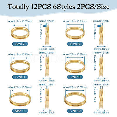 12Pcs 6 Size 201 Stainless Steel Grooved Finger Ring Settings RJEW-TA0001-06G-1