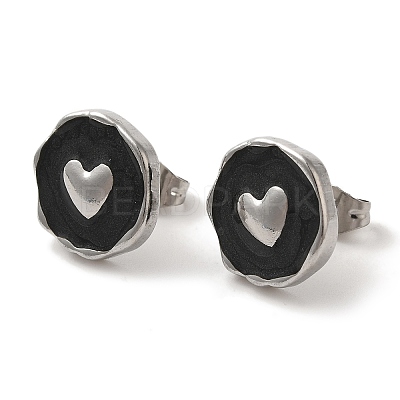 304 Stainless Steel Flat Round with Heart Stud Earrings EJEW-C114-15P-01-1