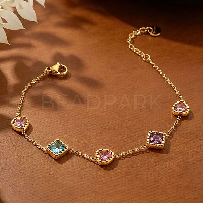 304 Stainless Steel Pave Colorful Cubic Zirconia Rhombus Heart Link Bracelets for Women WG7C819-01-1