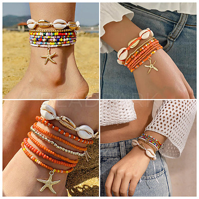 2 Bags Summer Beach Glass Seed Beaded & Natural Shell & Alloy Starfish Charm Anklet Sets AJEW-TA0003-69A-1