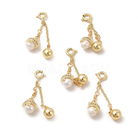 Brass Spring Ring Clasps with Natural Pearl Round Ornament KK-I697-11G-1