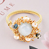 Natural Pearl & Gemstone Braided Beaded Flat Round Open Cuff Ring RJEW-T026-10G-3