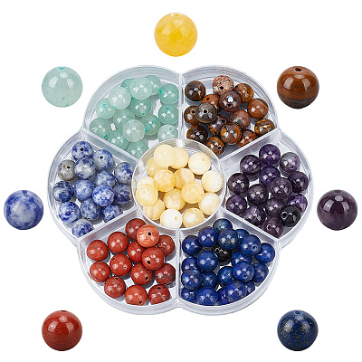 140Pcs 7 Styles Natural Amethyst & Lapis Lazuli & Blue Spot Jasper & Green Aventurine & Yellow Tiger Eye & Yellow Jade & Red Jasper Chakra Beads G-PA0001-93B-1
