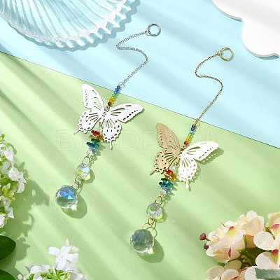 2Pcs 2 Colors 201 Stainless Steel Butterfly Shape & Rainbow Crystal Glass Hanging Suncatcher HJEW-TA00445-1