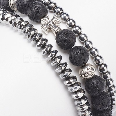 3Pcs 3 Style Natural Lava Rock & Synthetic Hematite Stretch Bracelets Set BJEW-JB08692-1