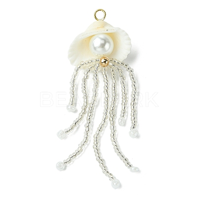 Natural Clam Shell & Glass Pearl & Glass Seed Beaded Big Pendants PALLOY-MZ00298-01-1