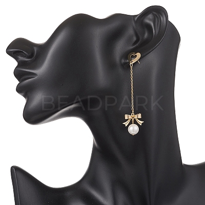 Bowknot with Heart 304 Stainless Steel Shell Pearl Dangle Stud Earrings EJEW-JE06825-1