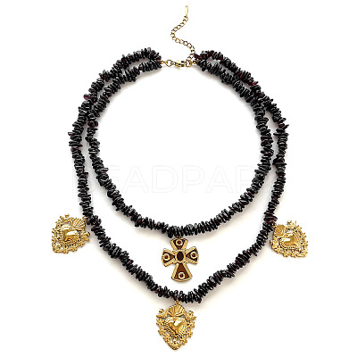 316 Surgical Stainless Steel Enamel Cross Sacred Heart Pendant Natural Garnet Chip Beaded Double Layer Necklaces for Women WG114DF-01-1