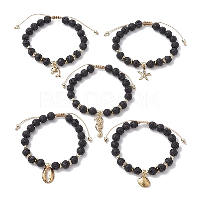 Adjustable Natural Lava Rock Braided Bead Bracelets BJEW-JB10563-1