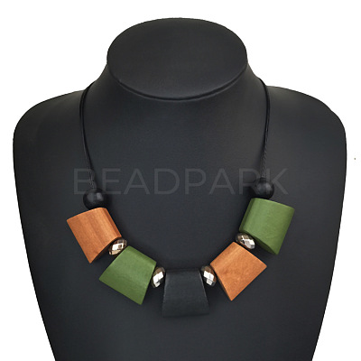 Bohemian Trapezoid Wood & CCB Plastic & Alloy Beaded Bib Necklaces for Women FS-WG0359B-01-1