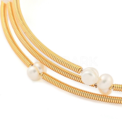 Three-Loops Brass & Natural Freshwater Pearl Beaded Wrap Bracelets for Women BJEW-F470-01G-1