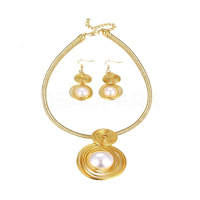 Oval Aluminum Wire Wrapped Acrylic Imitation Pearl with Imitation Leather Pendant Necklaces & Dangle Earrings Sets FS-WG4644F-01-1
