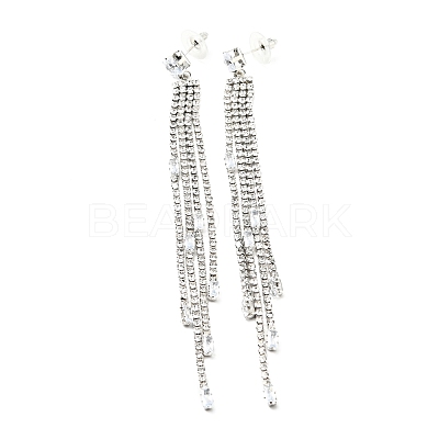 Clear Cubic Zirconia & Crystal Rhinestone Long Tassel Dangle Stud Earrings EJEW-C037-07B-P-1