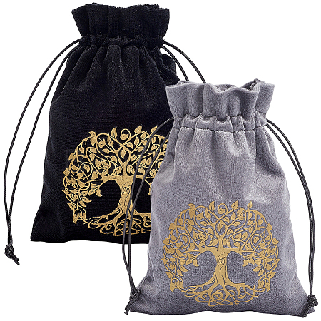 2Pcs 2 Styles Rectangle Gold Stamping Tree of Life Velvet Tarot Storage Drawstring Bags for Divination ABAG-CN0001-53-1