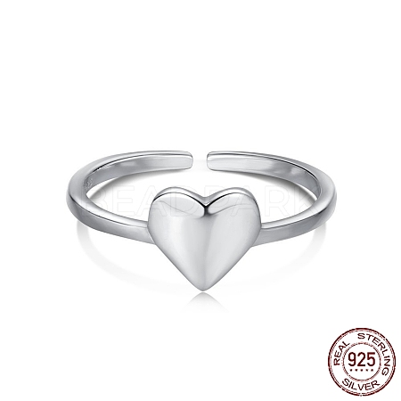 Rhodium Plated 925 Sterling Silver Heart Open Cuff Rings RJEW-A019-05P-1