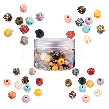120Pcs 4 Style Painted Natural Wood Beads WOOD-FW0001-07-1
