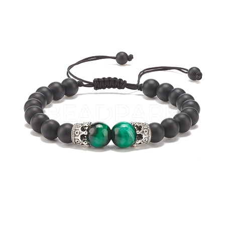 Natural Frosted Black Agate(Dyed) & Tiger Eye Braided Bead Bracelet with Alloy Crown BJEW-JB08249-04-1