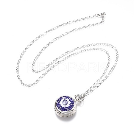 Alloy Porcelain Flat Round Pendant Necklace Pocket Watch X-WACH-N013-05D-1