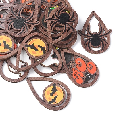 24Pcs 6 Styles Halloween Theme Single Face Printed Aspen Wood Big Pendants WOOD-FS0001-02-1